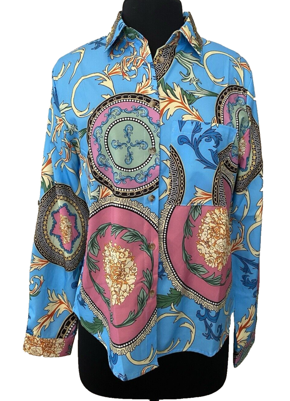 NWT Made with Love Womens Blouse Size Medium Boho Artsy Silky Blue Collared